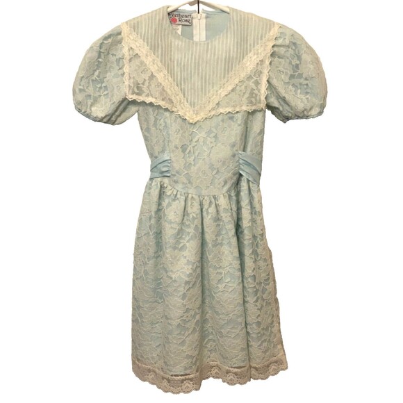 Vtg SWEETHEART ROSE Girls 7 Dress Blue Lace Flower Spring Easter Prairie USA - Picture 1 of 12